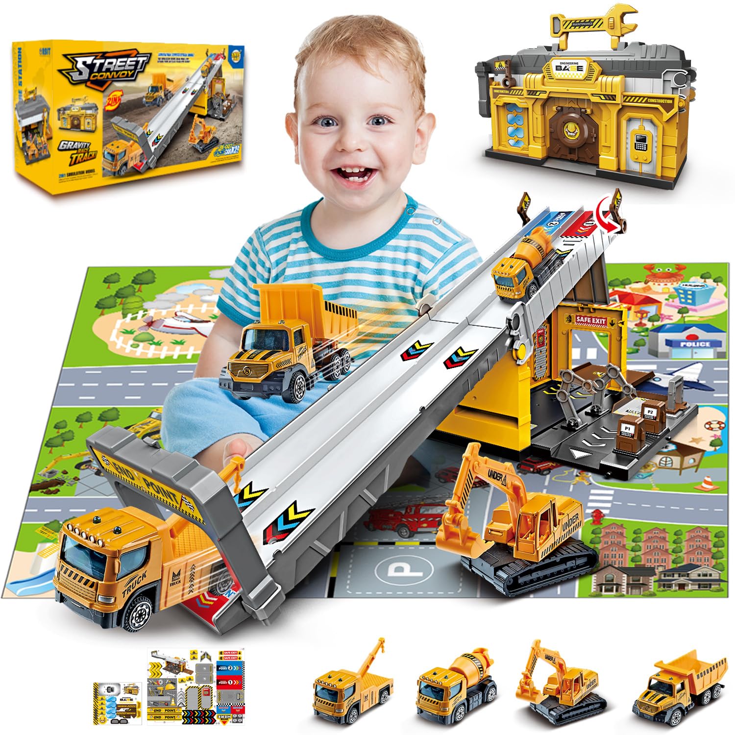 Race Tracks for Kids Ages 3-5, Racing Car Toys Set with Foldable 2 Layer Track and 6 Alloy Race Cars for Toddlers Boys, Best Birthday Xmas Gifts for Kids Age 3 4 5 6+ Years Old (Yellow)