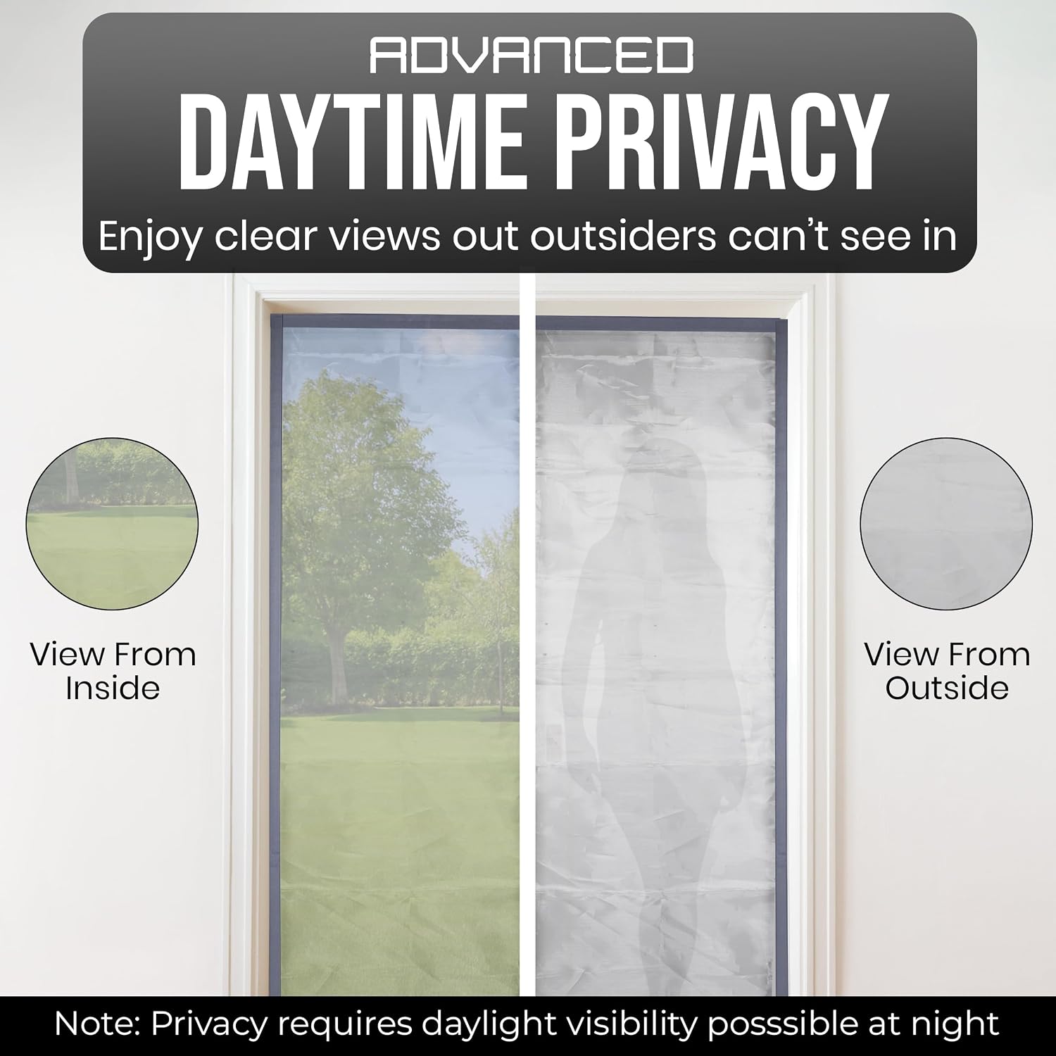 Privacy Magnetic Screen Door 36x82 in - Heavy Duty Grey Mesh with Magnets | Sun-activated coating blocks daytime views, windproof edge seals, quick, tool-free hook and loop tape installation