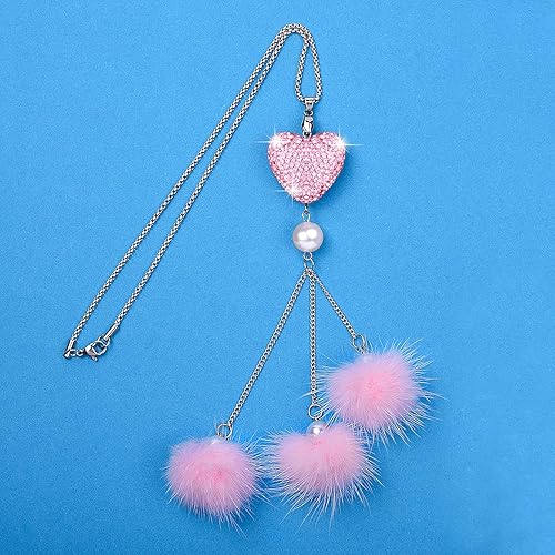 Miniatura 4 de Bling - Espejo retrovisor de automóvil para mujer Wisdompro con diamantes de imitación de corazón de amor perla de imitación y bola de felpa rosa