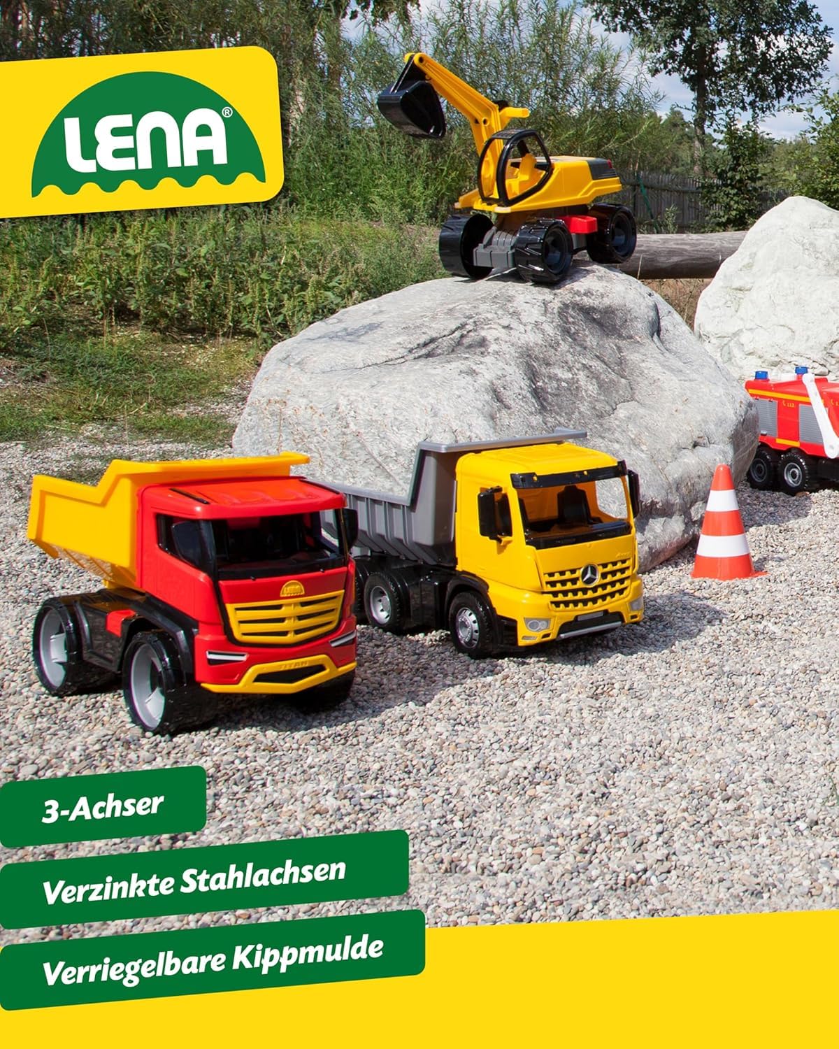 Lena - 02031 – Riesen Muldenkipper Mercedes-Benz Actros, Kipplaster ca. 63 cm mit 3 Achsen und verriegelbarer Kippmulde, robuster Baustellen-LKW für Kinder ab 3 Jahren