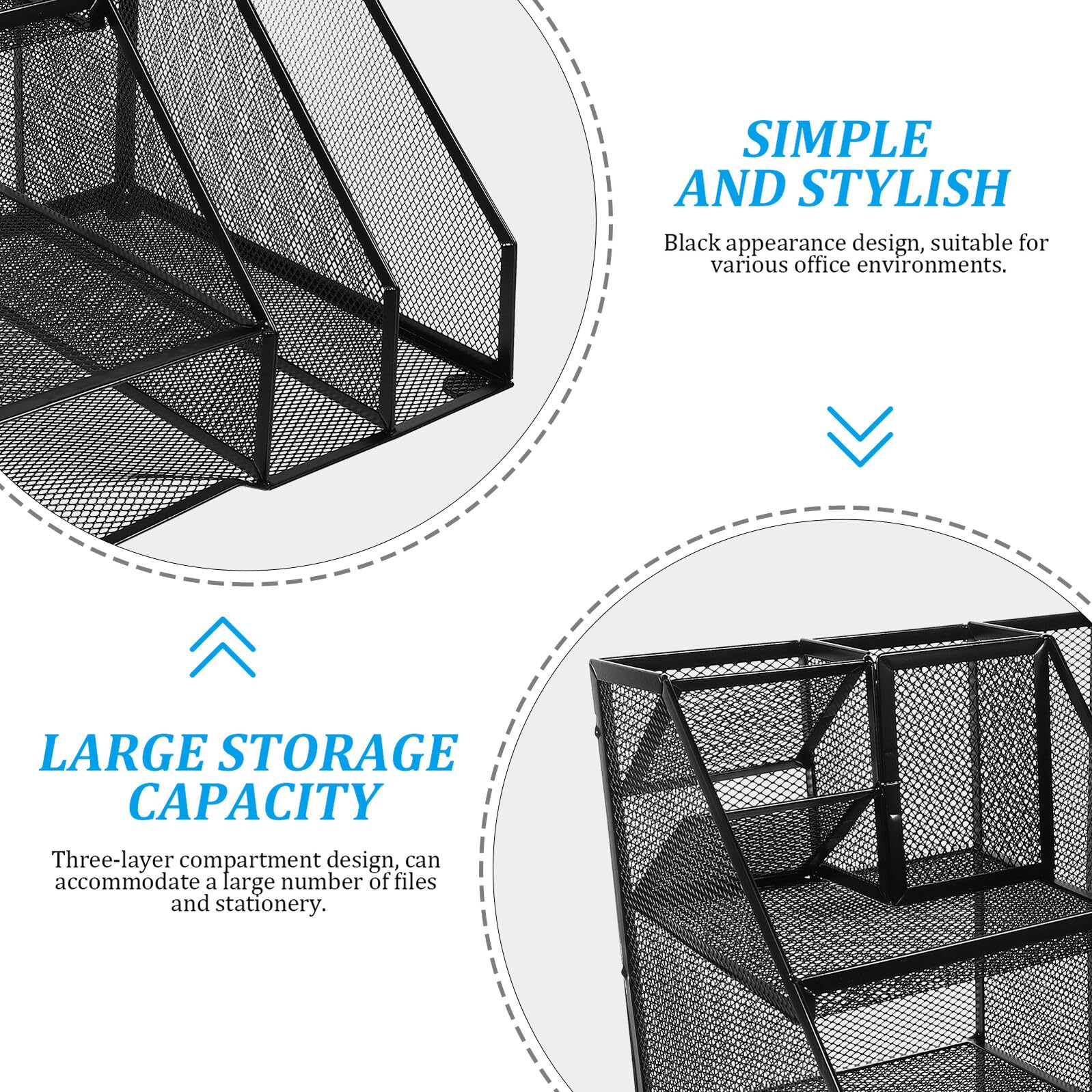 Portariviste da Scrivania in Metallo Nero con Organizer Rete Doppia Colonna e Tre Supporto per Documenti e Contenitore Porta Penne Scaffale Organizer Robusto per Ufficio e Studio
