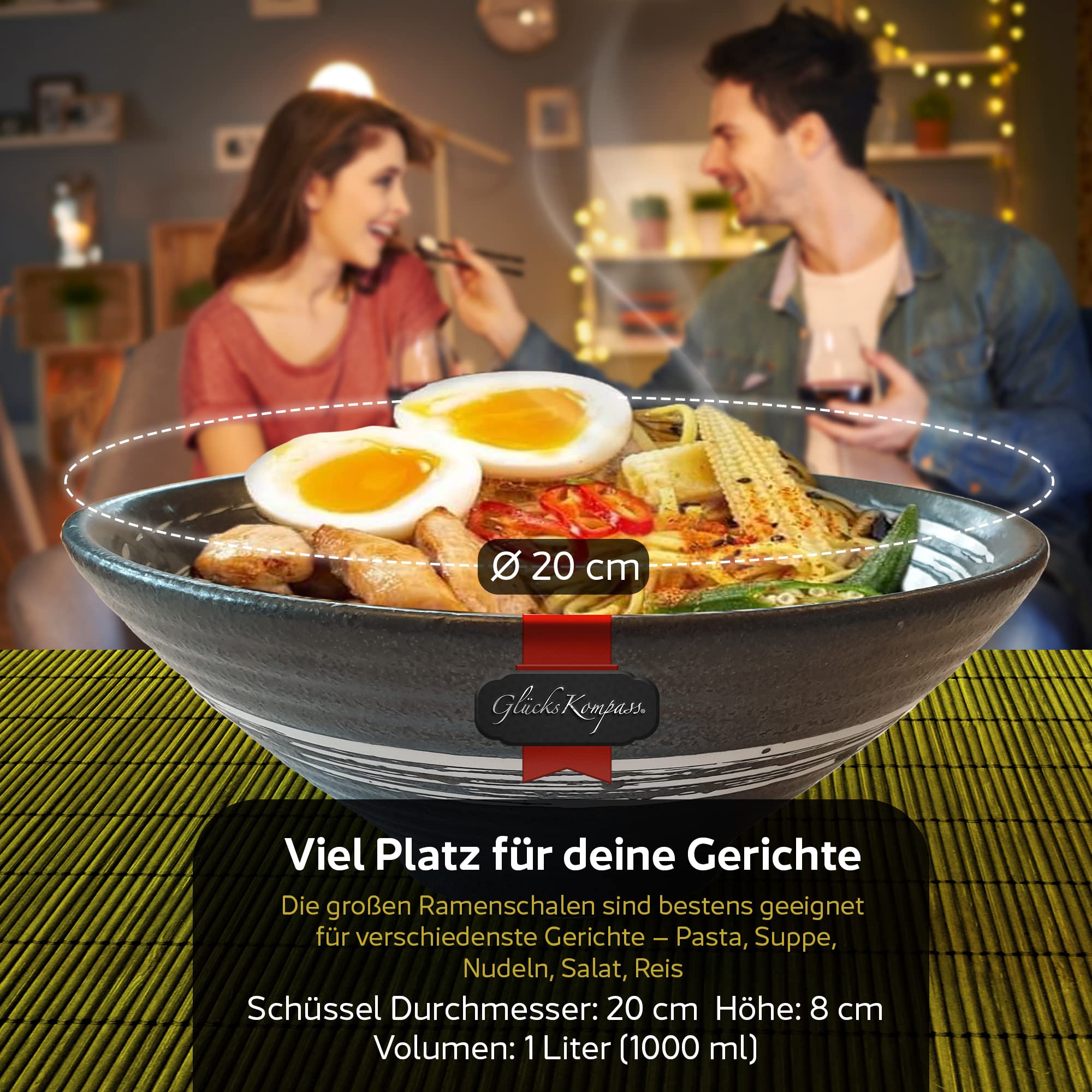 Japanisches Ramen Schüssel Set aus Keramik (8-tlg), groß: 20 cm Durchmesser | Bowl Suppenschüssel asiatisch Reisschale chinesisch Schale Thai Geschirr Löffel Essstäbchen Stäbchen