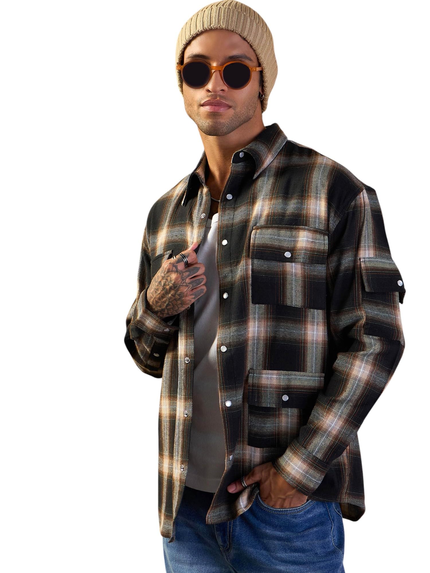 SASSAFRAS Black & Beige Check Utility Pocket Oversize Shirt in black