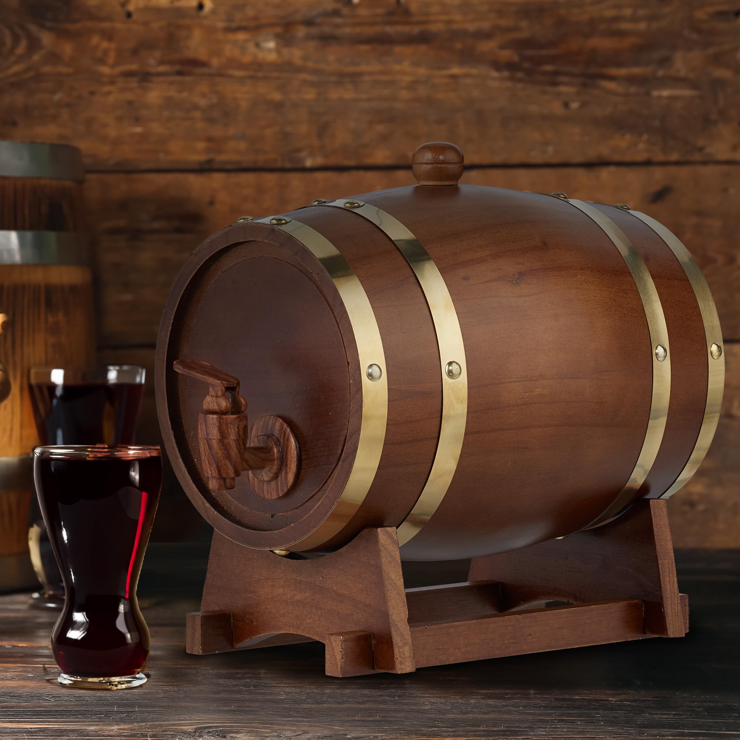 Relaxdays Tonneau en Bois, 2,2 L, fût avec Support et Robinet, vin & spiritueux, Distributeur décoratif, Marron foncé