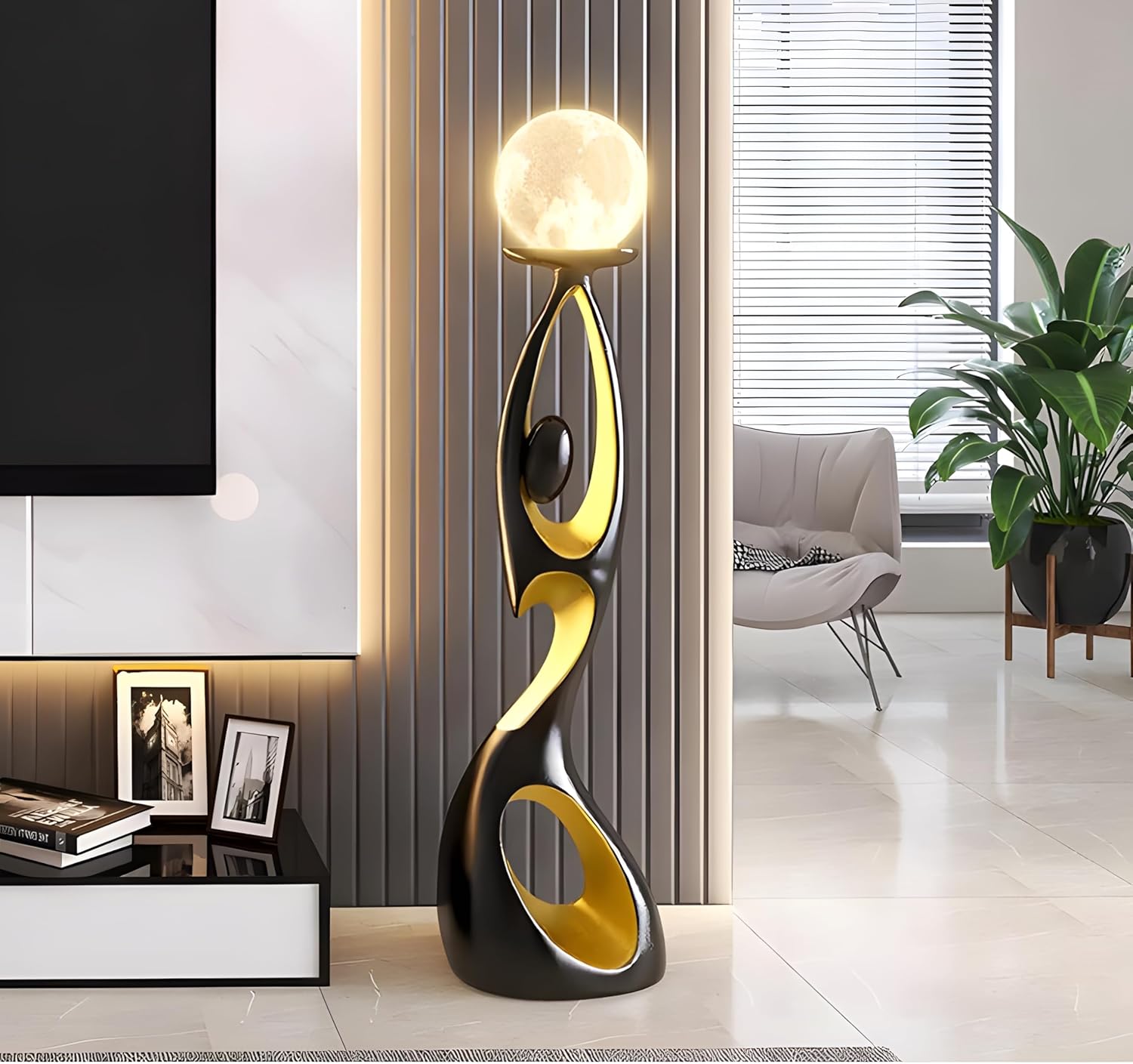 Bofea-Mid Century Modern Floor Lamp,Unique Corner Decorative Reading Standing Light,Rechargeable Moon Standing Lamp Or Resin Creative Stylish Decor Lamps for Living Room,Bed Room. (Black)