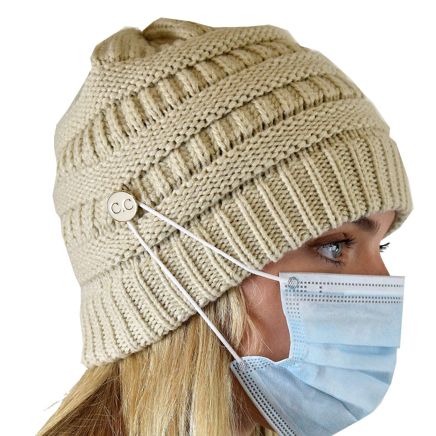 C.C Soft Stretch Cable Knit Side Epoxy Button for Mask Beanie Skully, Beige