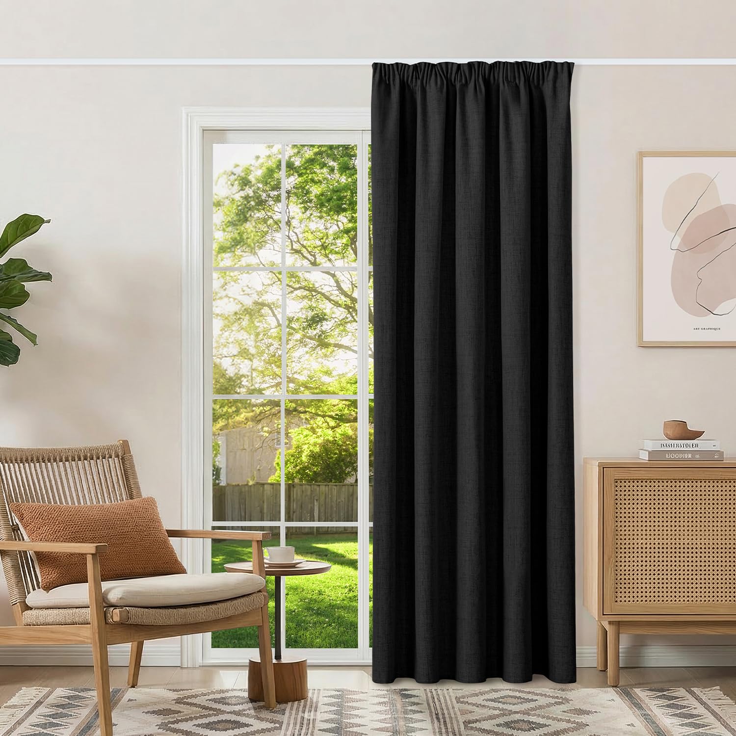 Runyéla 100% Blackout Curtains Pencil Pleat Linen Curtain for Bedroom Living Room Thermal Insulated Custom Size 2 Panels Black