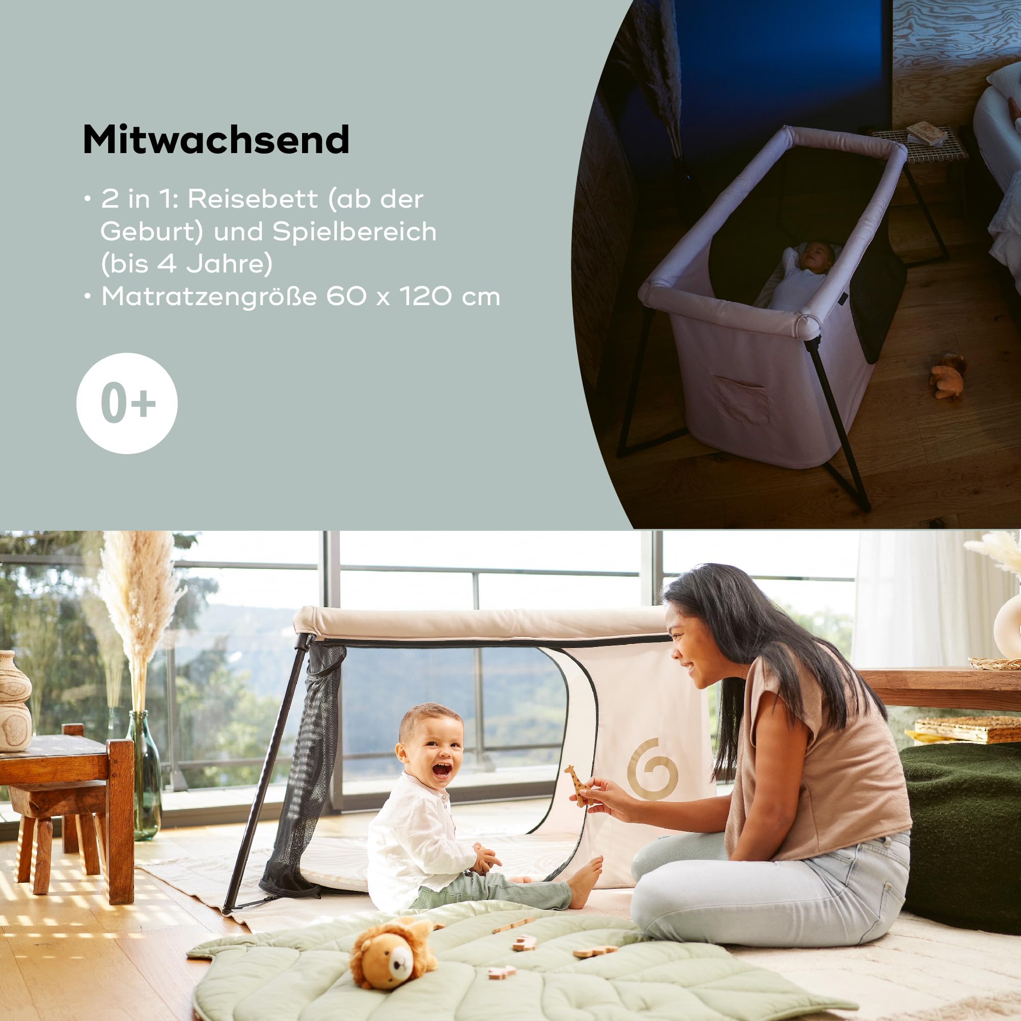 Babymoov Reisebett Moov & Sleep - Ultrakompakt und leicht (<5kg), Schneller Auf- und Abbau, Ab der Geburt bis zu 4 Jahren, Erweiterbar zum Spielbereich