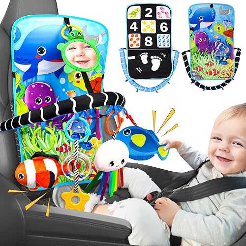 Asiento de coche para bebé, juguetes de animales del océano, juguete de doble cara para asiento de automóvil infantil con juguetes de peluche,