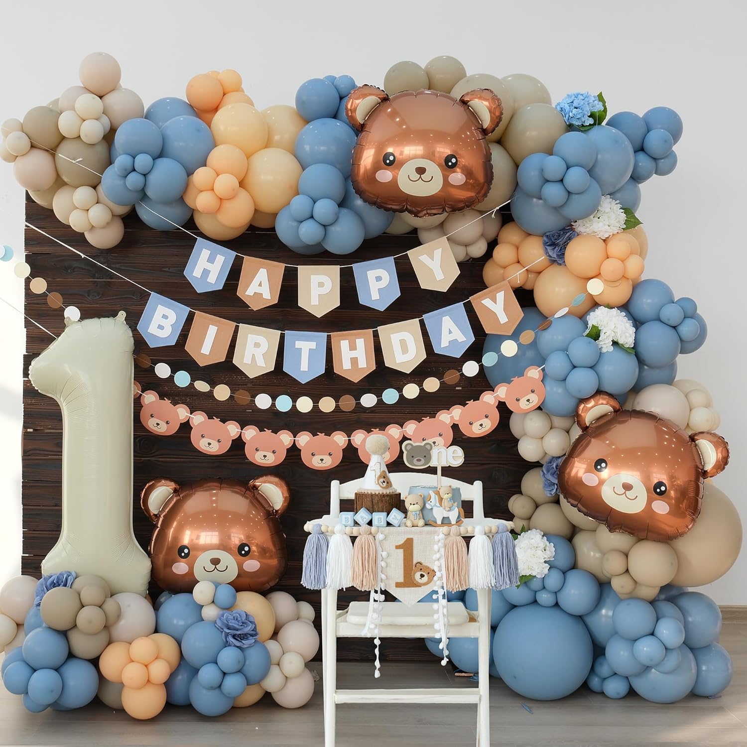 Bear First Birthday Decorations Kit For One Year Old Baby Boy Blue Khaki Brown Balloons Happy Birthday Banner 1st Bear Party Themes Decor