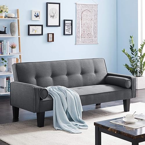 Recaceik Modern Futon Bed Convertible Love Seat Couch Linen Fabric Sleeper Sofas with 2 Pillows Furniture for Small Apartment Living Room