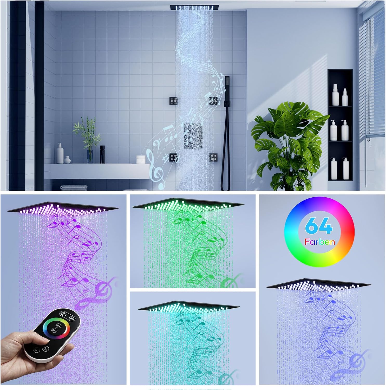 Full Body Shower System, Black Thermostatic Shower Systems with Body Spray Jets, Ceiling Mounted LED Rain Shower System with Handheld