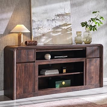 Modern TV Stand for 80 Inch TVs, 32"Tall Entertainment Center w/Storage Cabinet& drawers, Media Console Cabinet w/Soundbar & Adjustable Shelves for Living Room, Curved Profile Design, 70 inch Brown