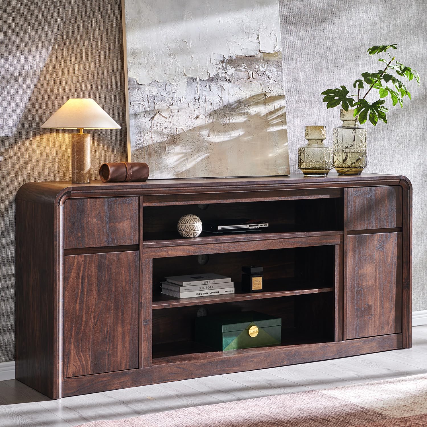 Modern TV Stand for 80 Inch TVs, 32"Tall Entertainment Center w/Storage Cabinet& drawers, Media Console Cabinet w/Soundbar & Adjustable Shelves for Living Room, Curved Profile Design, 70 inch (Brown)