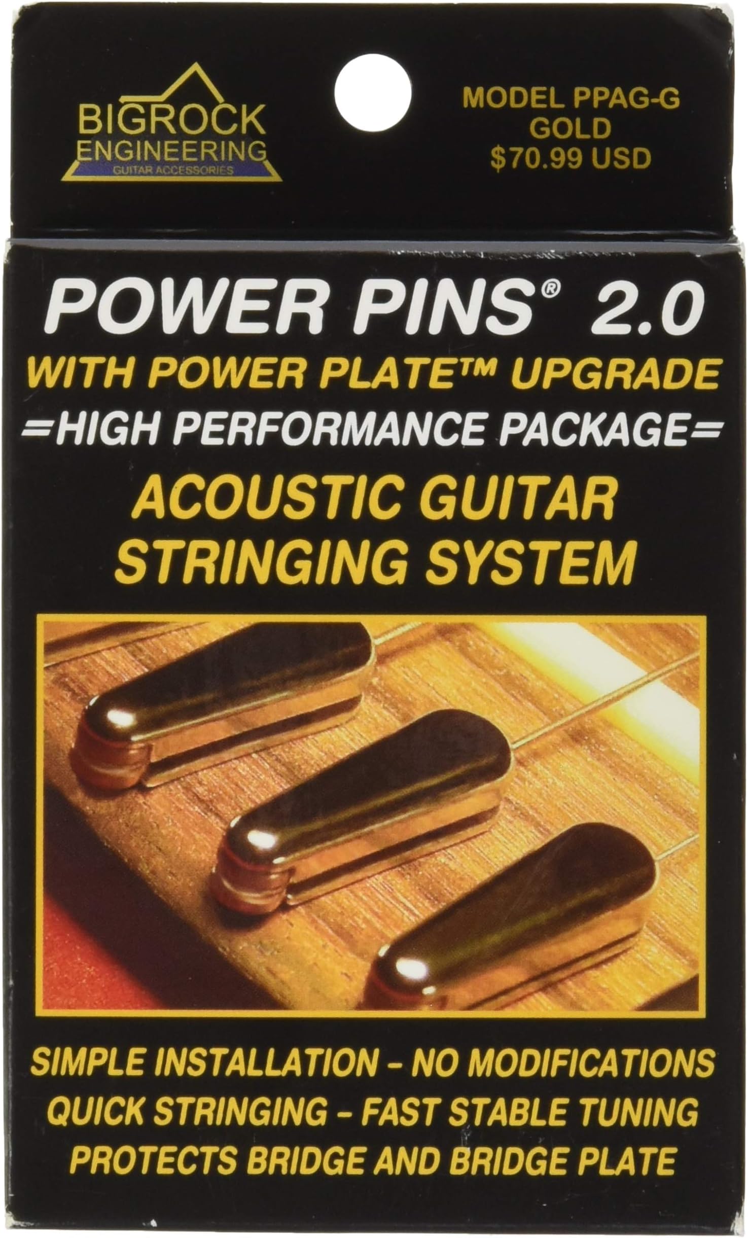 Power Pins 2.0 - Gold Chrome Set with Power Plate Upgrade- Patented Bridge Pin System for Acoustic Guitars- Improved Tone, Amplified Sound, Easier Restringing, and Faster Tuning