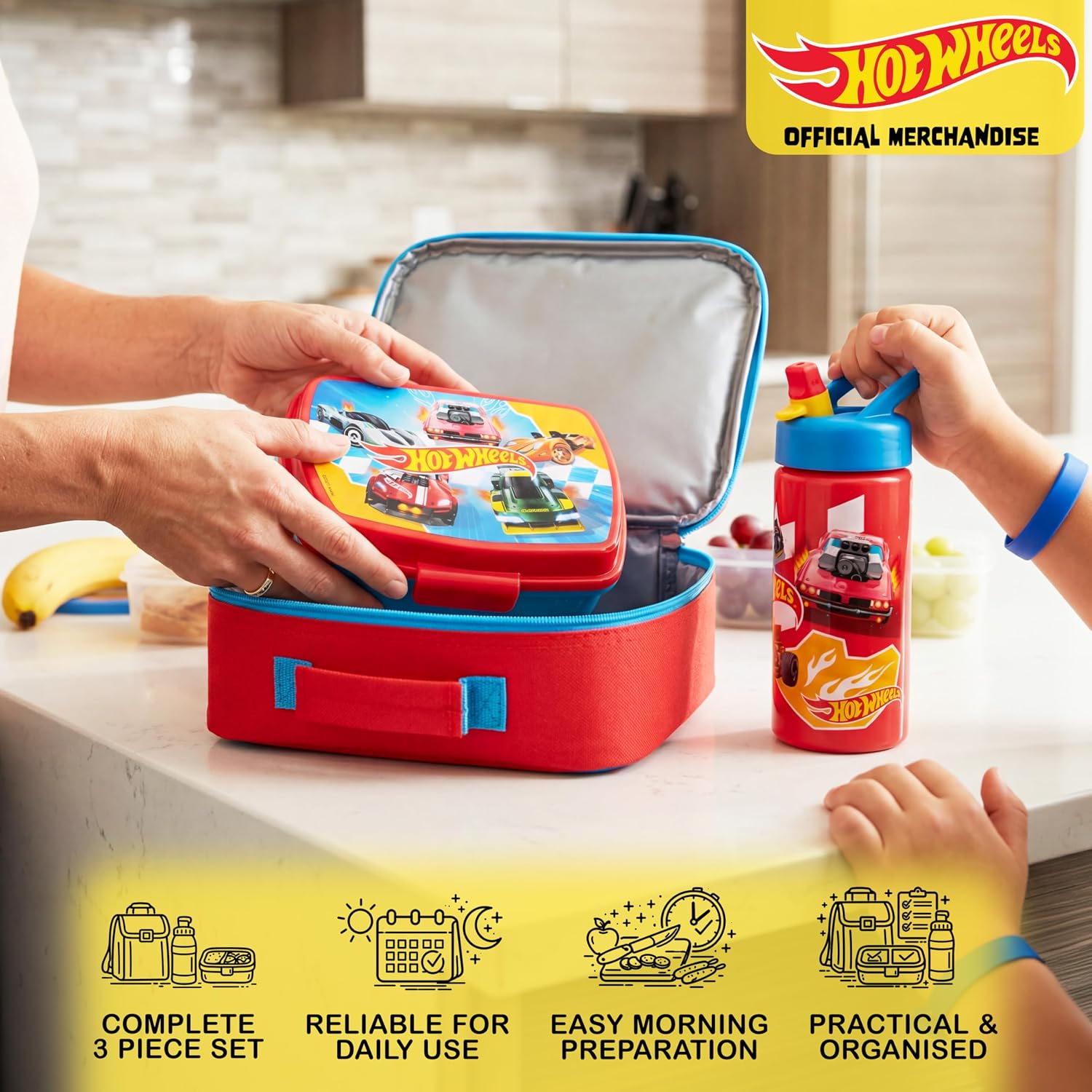 Get Trend Hot Wheels Kids Insulated Lunch Bag 3Pc Set with Reusable Lunch Box & BPA-Free Water Bottle, Lightweight Carry Handle & Name Card Window, Gifts for Boys (Multi Hot Wheels)
