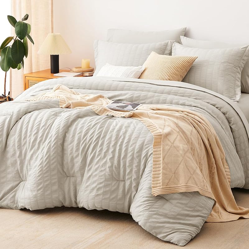Queen Comforter Set, 7 Pieces Beige Seersucker Bed in a Bag | OEKO-TEX Certified, All Season Bedding Set with 240 GSM Down Alternative Comforter, Flat & Fitted Sheets, Pillowcases & Shams