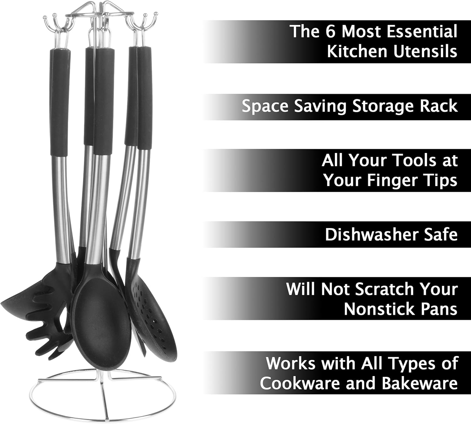 7-Piece Cooking Utensils Set - Stainless-Steel and Silicone Kitchen Tools and Holder - Heat Resistant and Nonstick Set by Classic Cuisine (Silver)