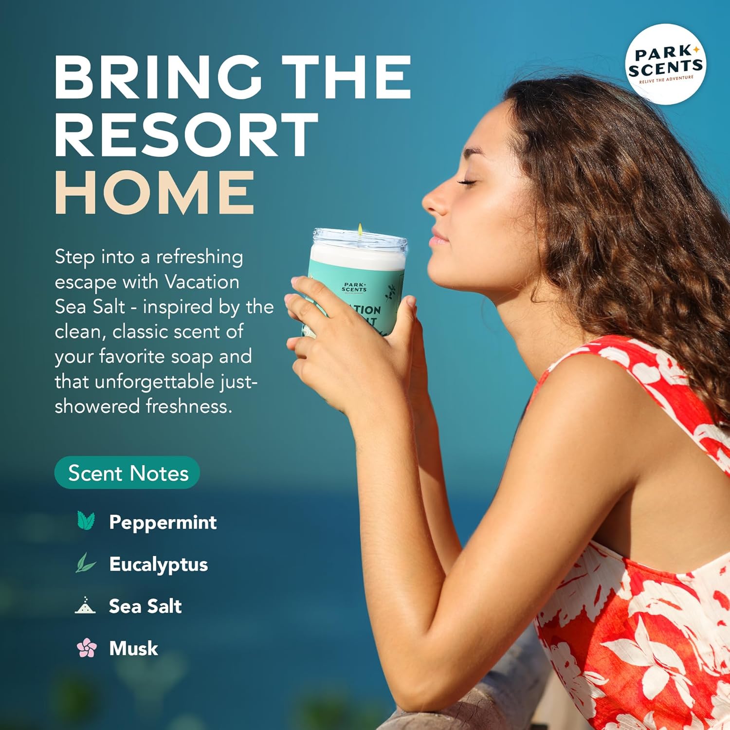 Park Scents Vacation Sea Salt – Theme Park Luxury Hotel Candle – Peppermint Eucalyptus Musk Scent – Vegan Soy Wax Blend Handmade in USA – Gifts for Women, Hostess, Sister, Birthday (12 oz. Glass Jar)