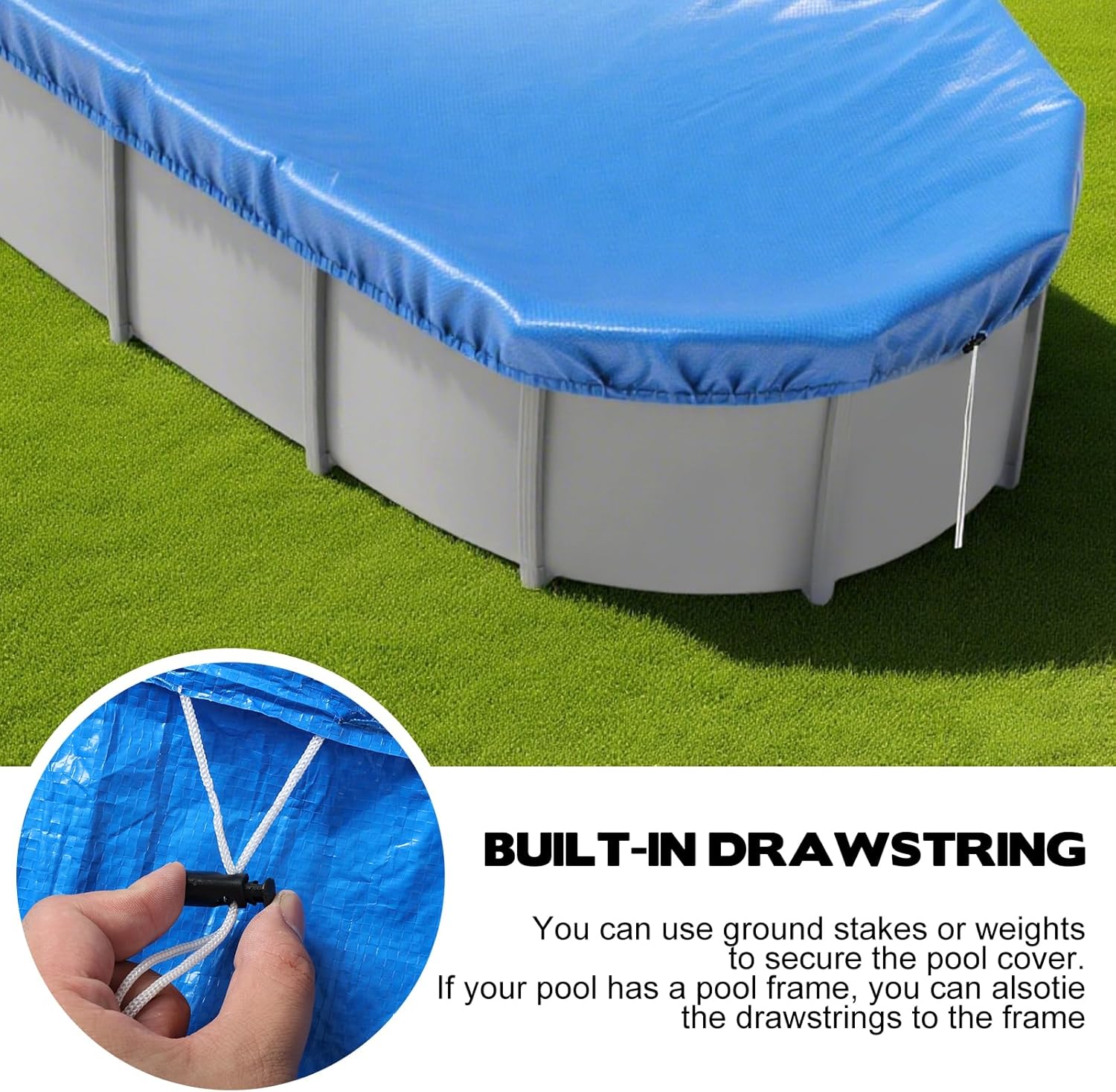 16x10 FT Oval Pool Cover for Above Ground Pools,Solar Oval Pool Cover Protector with Drawstring for Cold and UV Resistant,Dustproof -All-Weather Protection(Blue)