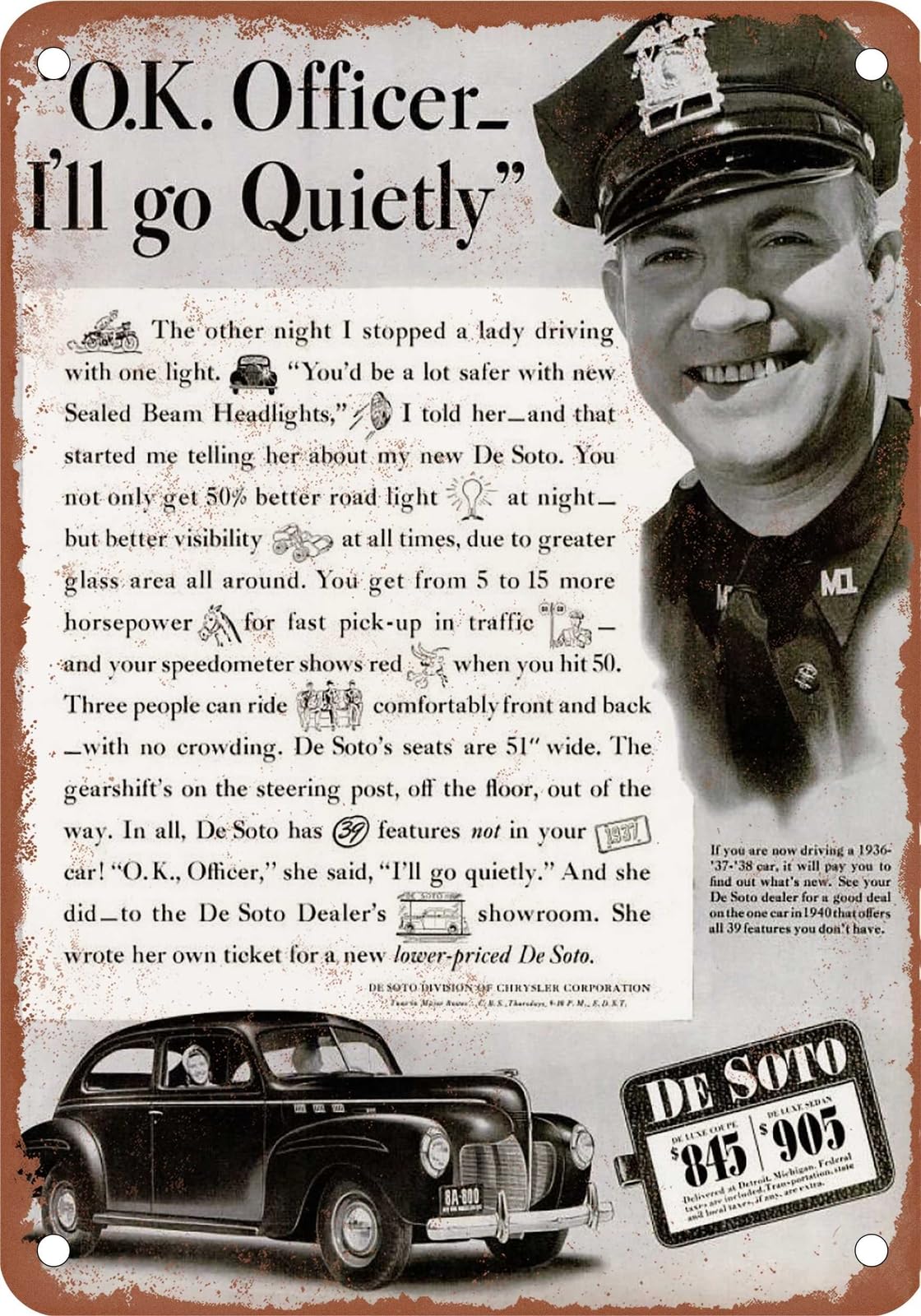 METAL SIGN - 1940 DeSoto Vintage Ad 08 - Old Retro Rusty Look home decor