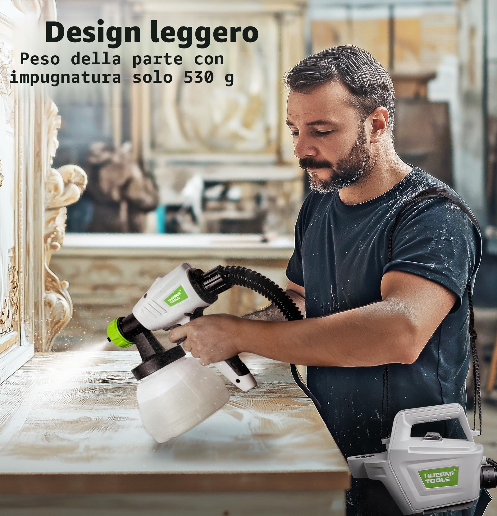 Pistola a Spruzzo, Huepar Tools 800W Spruzzatori di Vernice con 4 Ugelli in Rame e Filtro, Flusso Massimo di 1200ml/min, 3 Modalità di Pittura, Contenitore 1300 ml, Facile da Usare e da Pulire-SG800