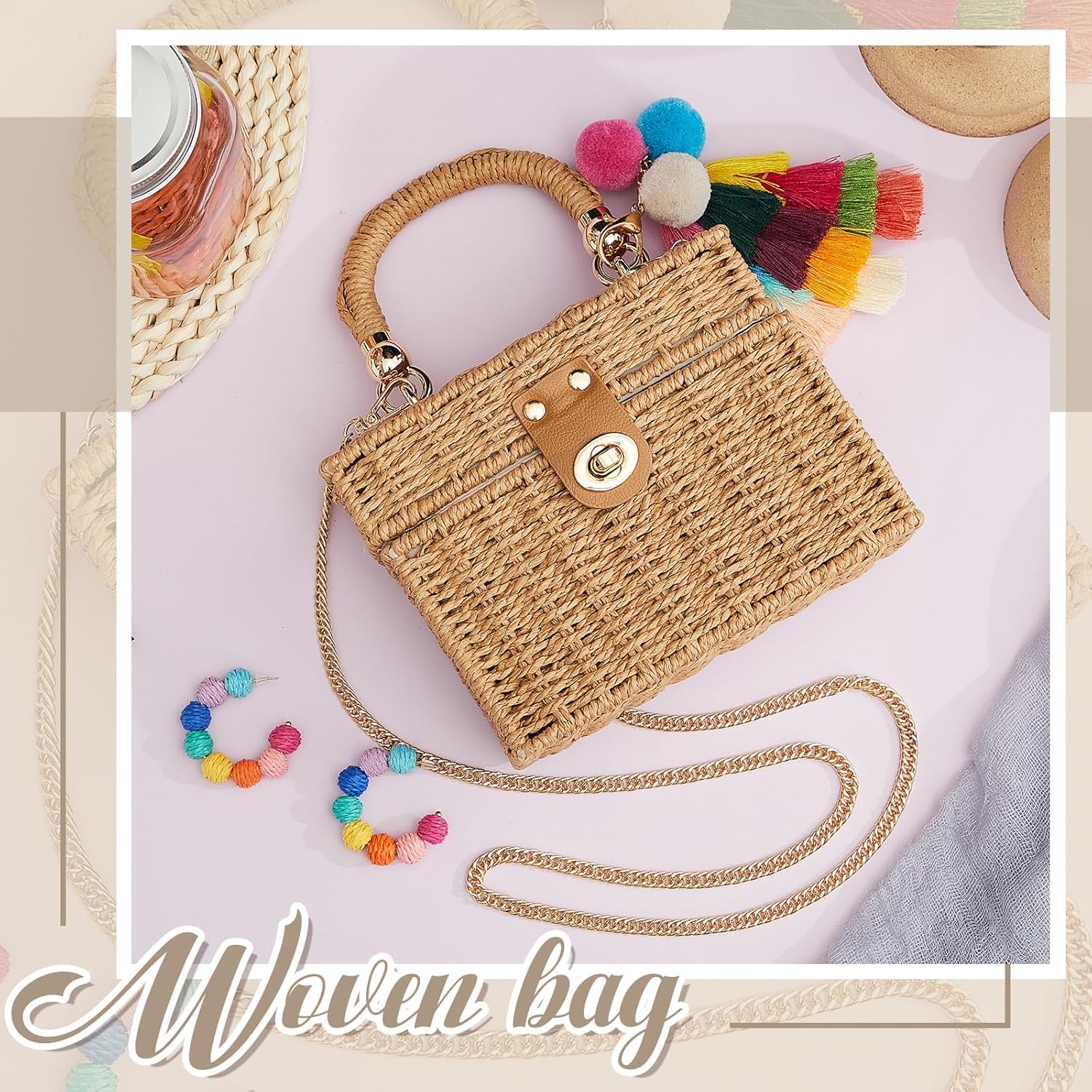 Aliceset Women Straw Bag Summer Beach Purse, Handmade Rattan Woven Crossbody Handbag with with Tassel Ornaments and Rattan Earrings, Boho Vacation Shoulder Bag for Travel Beach Resort