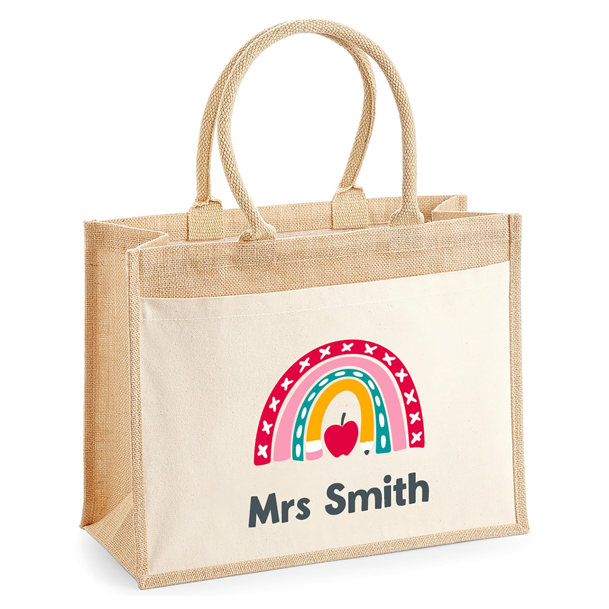 Chicken Craft Personalised Teacher Jute Tote Bag with Name Apple Rainbow Design โ image 1