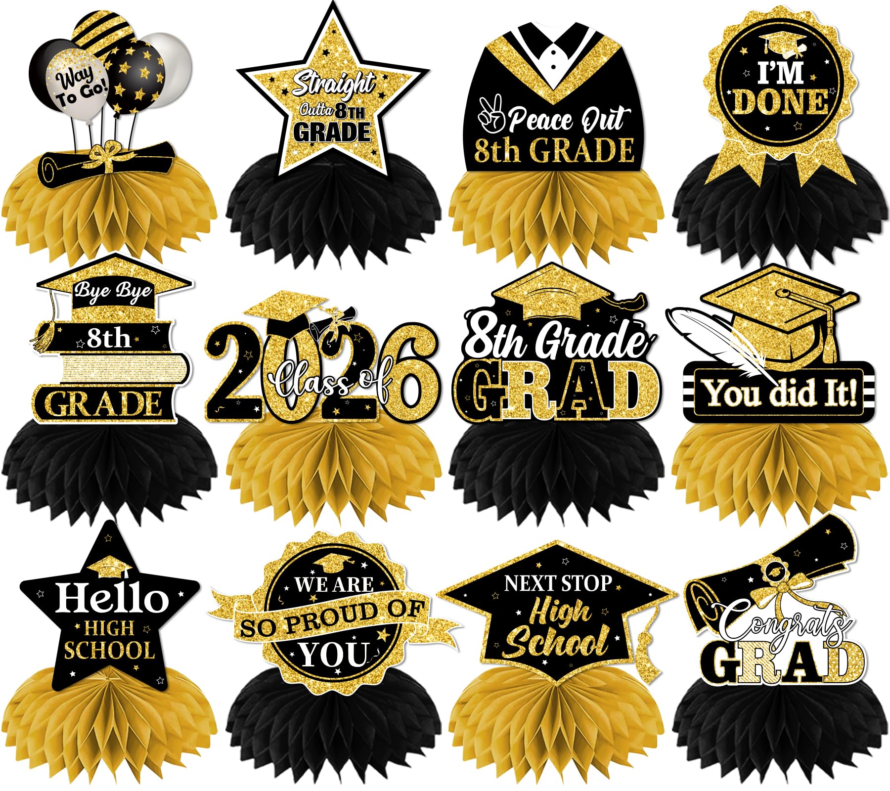 12Pcs 8th Grade Graduation Decorations Class of 2026 Graduation Centerpieces for Tables, Black and Gold Congrats Grad Honeycomb Centerpieces Table