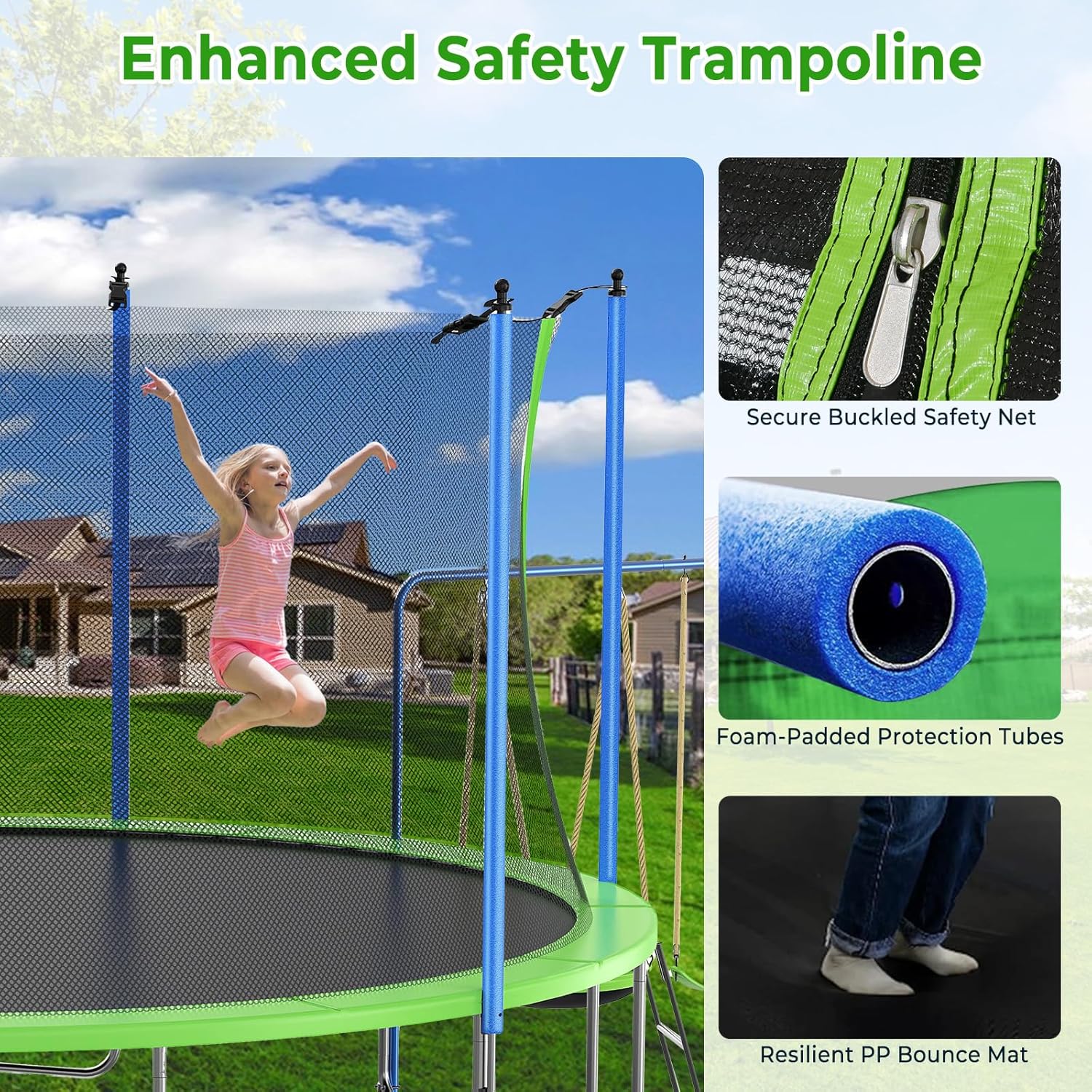 Image highlighting enhanced safety features: a secure buckled safety net, foam-padded protection tubes on the poles, and a resilient PP bounce mat.