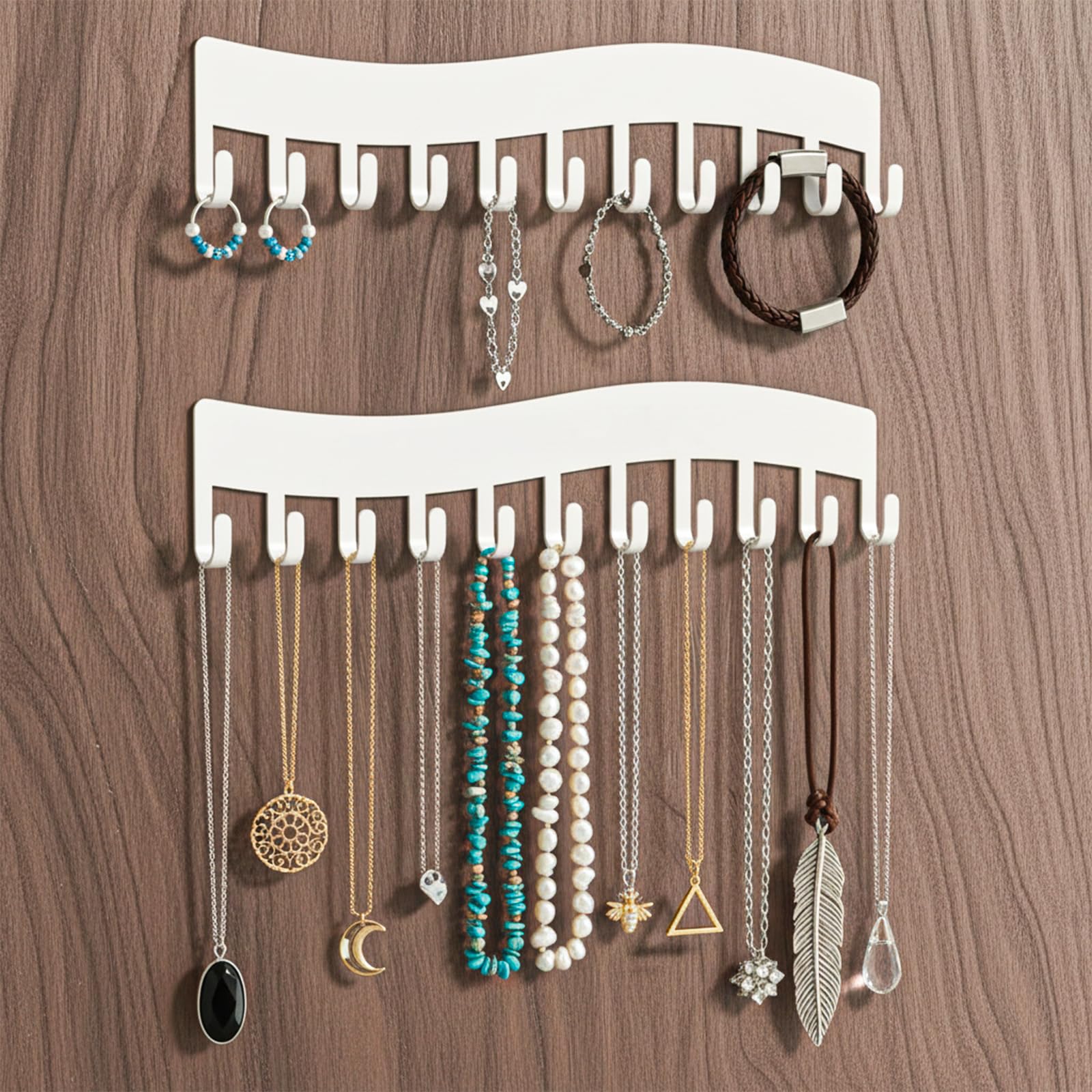 Molain 2 Pack Adhesive Wall Mounted Necklace Holder, No Drill Jewellery Organizer with 12 Hooks Wall Mounted Jewelry Hanging Storage Necklaces Display Hanger for Necklaces Bracelets Earrings Closet