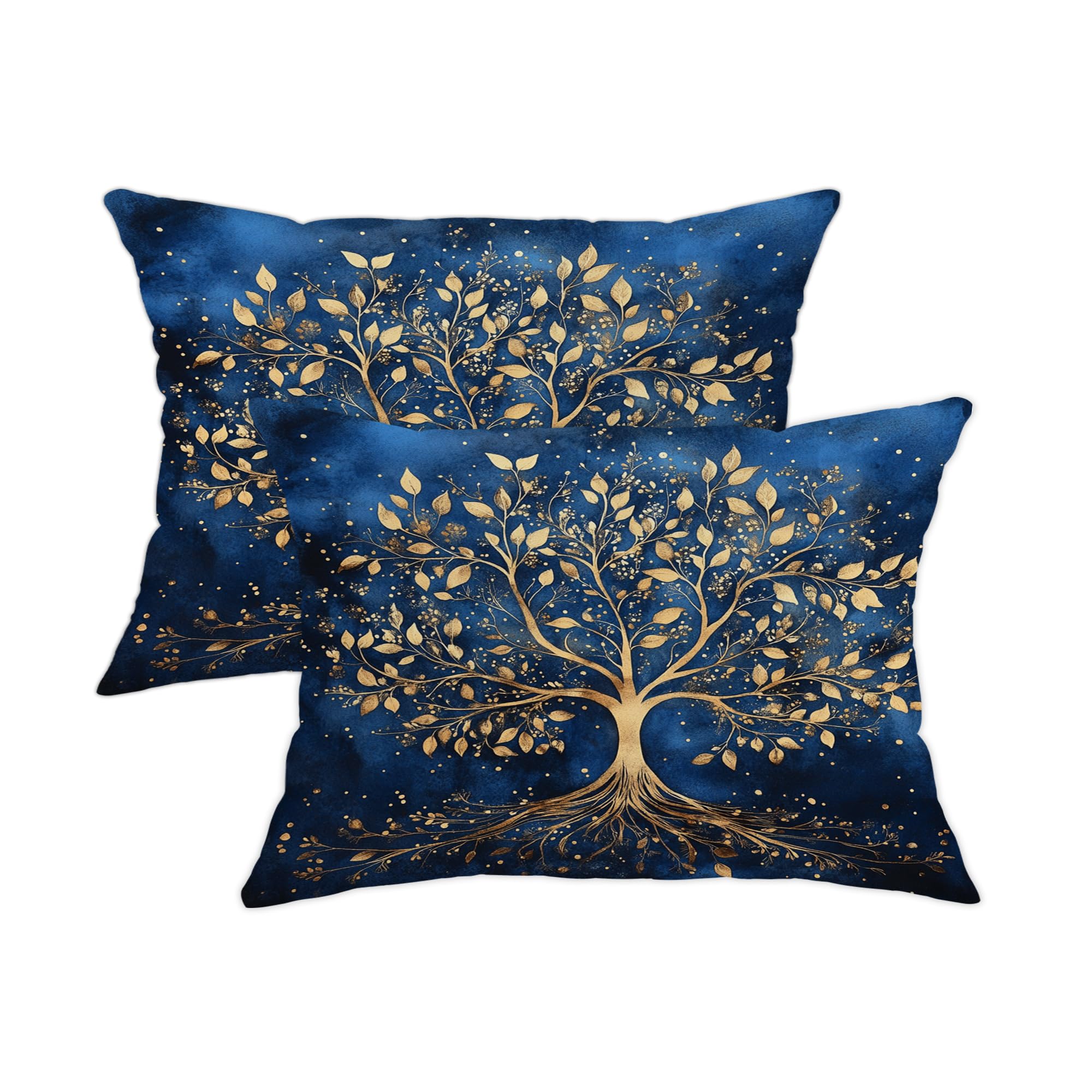 Tree of Life Pillow Covers Set of 2, Navy Blue Decorative Throw Pillows Case, Autumn Home Decor Cushion Covers for Sofa Bed Couch, Stylish Golden Floral Design 12x16 Inch — image 1