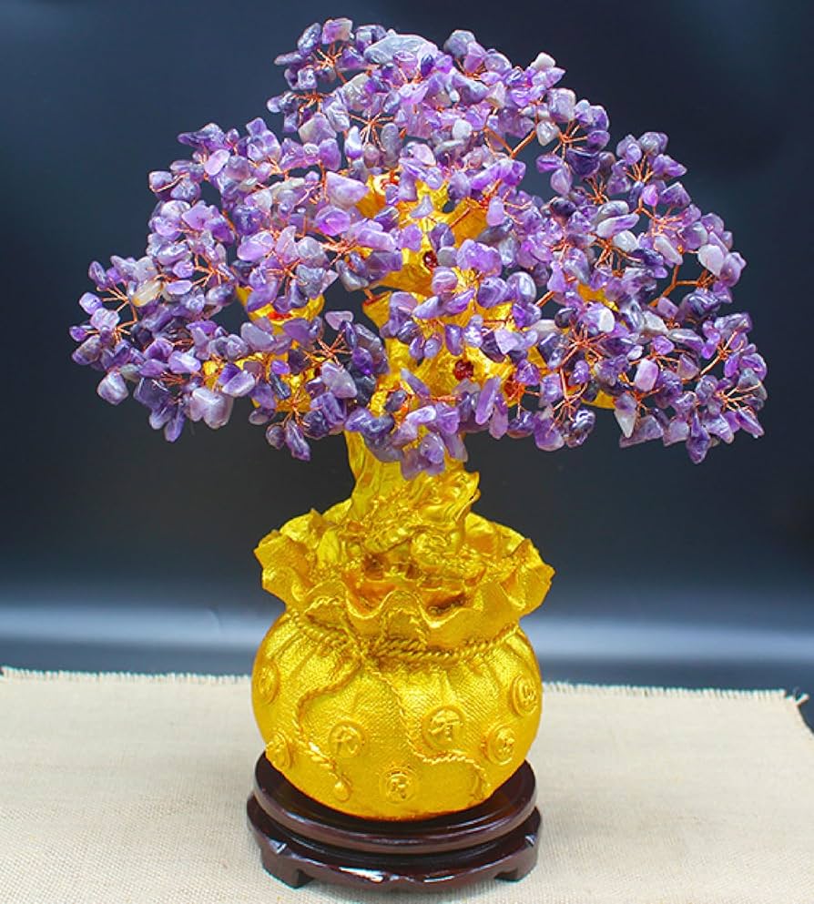 天然石　招財樹　金運樹　アメジスト　置物　インテリア　工芸品　美術品　A1101 アメジスト 招財樹 金のなる木 幸福の木 パワーストーン 置物