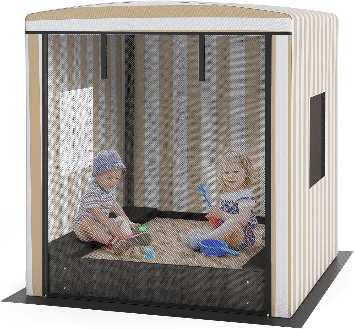 Kids Sandbox with Canopy, Outdoor Sand Pit with Oxford Cloth Cover, Mesh Door, Windows, Storage Bench Seat & Bottom Liner, Square Fir Wooden Sand Box for Backyard, Garden, Playground, Brown