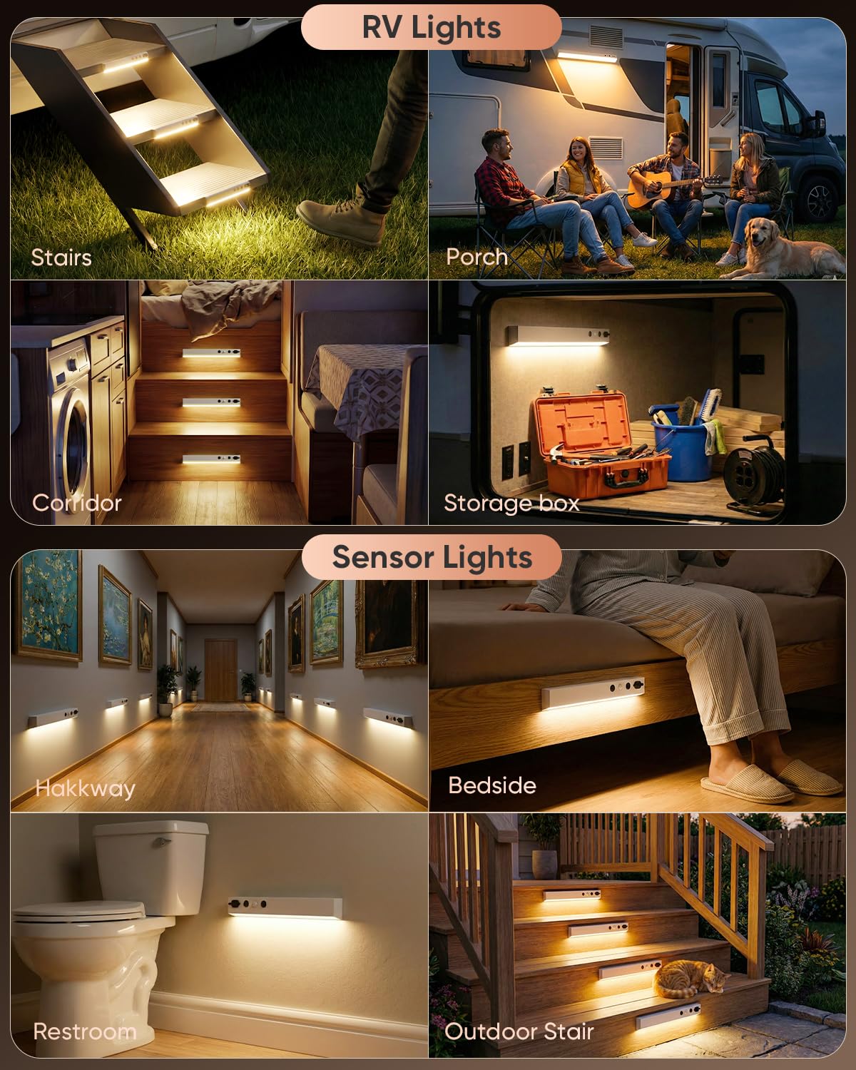 RV-Stufenlichter, wasserdicht, 44 LEDs, Bewegungsmelder, wiederaufladbar, magnetisch, Treppenlichter, 3 Farbtemperaturen und dimmbar, für Wohnmobile, Anhänger, Außentreppen, Wohnmobil-Zubehör, 2 Stück