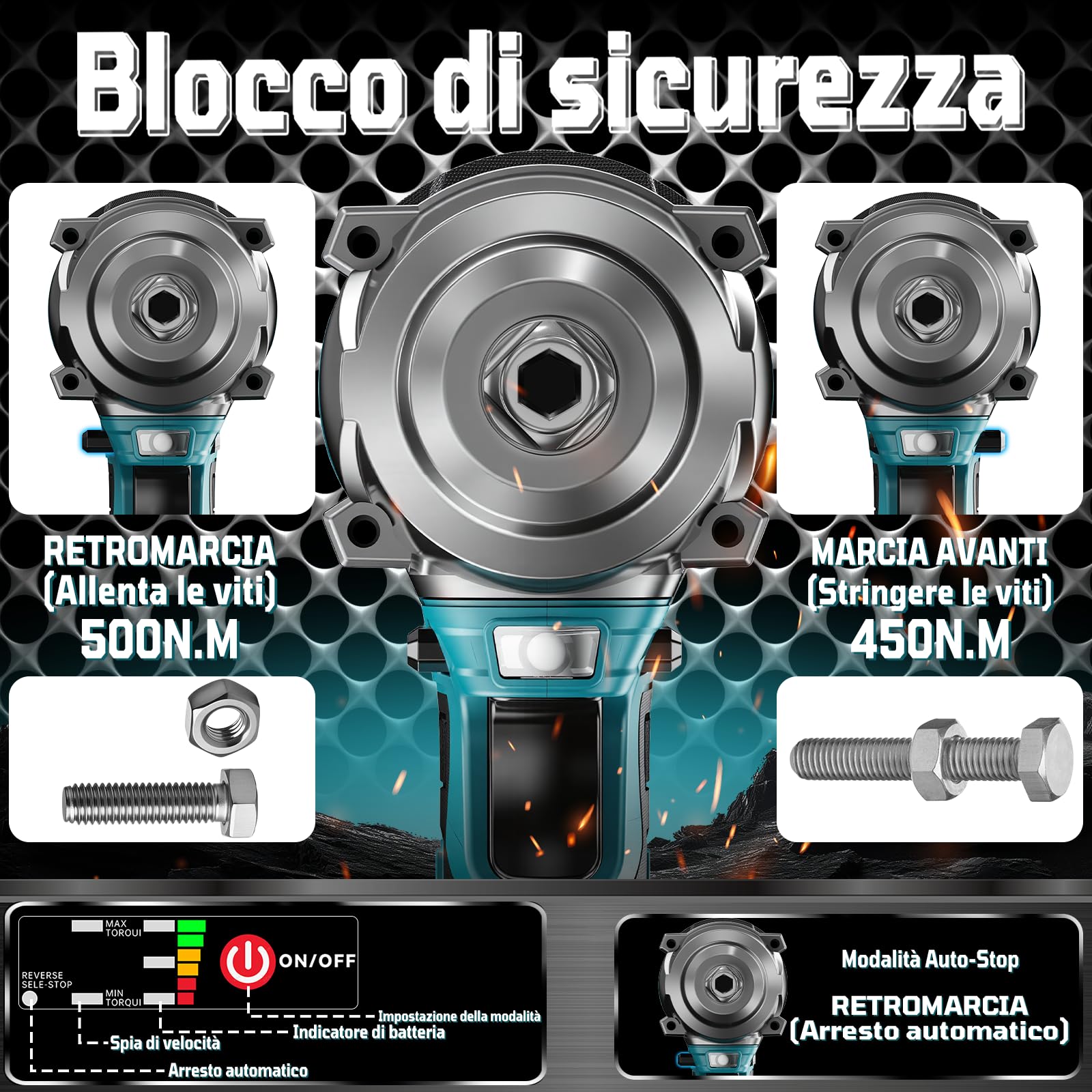 Avvitatore a Impulsi Brushless, 500 Nm Avvitatore a Impulsi a Batteria, 1/2" Trapano a Impulsi Brushless, 3-in-1, con Batterie da 4,0 Ah e Caricabatterie, 6 Bussole