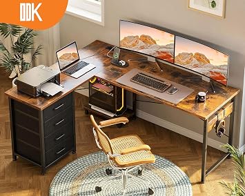 ODK Corner Desk with Drawers, L Shaped Computer Desk, 135 x 100 cm, Brown