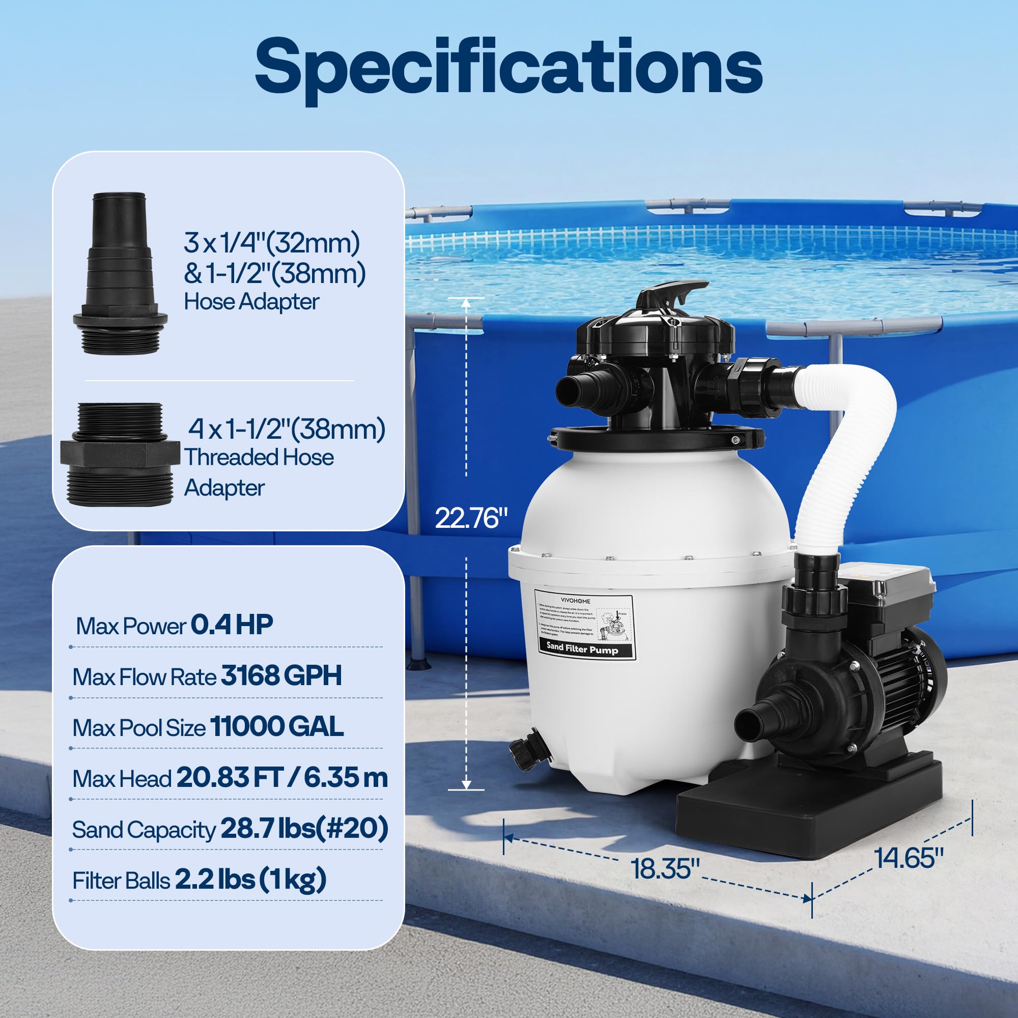 VIVOHOME Pompe de filtre à sable de 30,5 cm pour piscines hors sol jusqu'à 38 000 litres