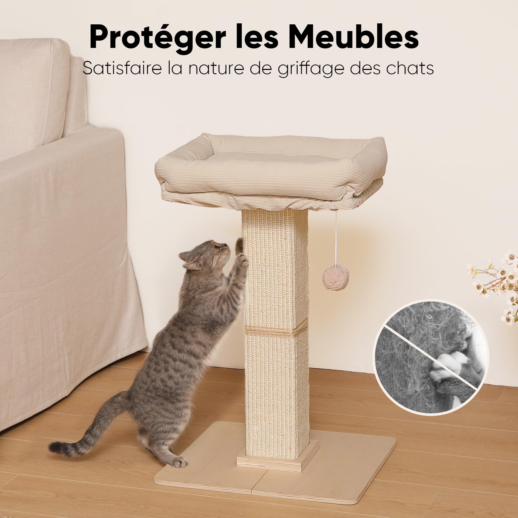 FUKUMARU Arbre à Chat, Style Rétro avec Perchoir pour Chats d'Intérieur, Grande Tour à Gratter avec Lit, Griffoir pour Chat Sisal Naturel et Bois Massif, Beige