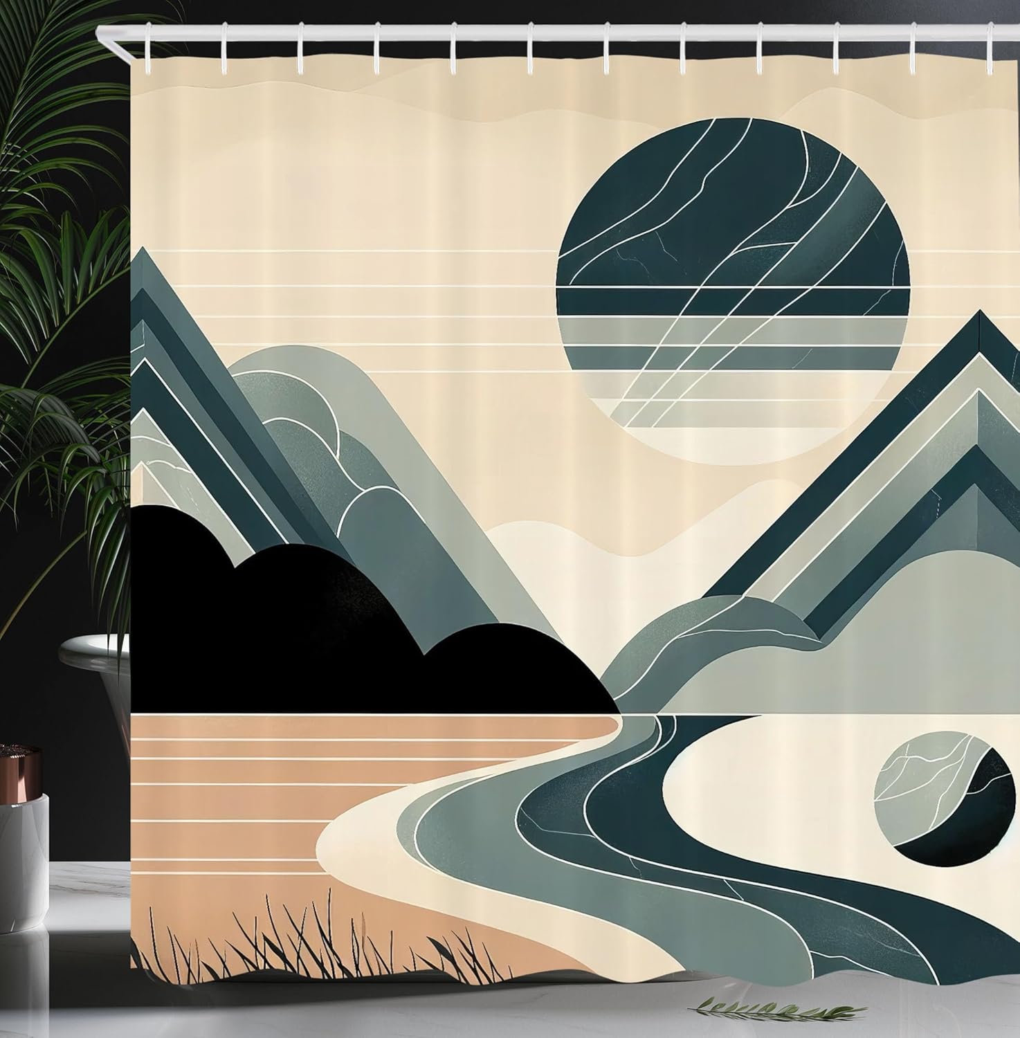 Ambesonne Mid Century Modern Boho Shower Curtain, Minimalist Landscape with Triangular Mountains Sea Shore, Cloth Fabric Bathroom Decor Set with Hooks, 69" W x 84" L, Dark Teal Ecru Ivory