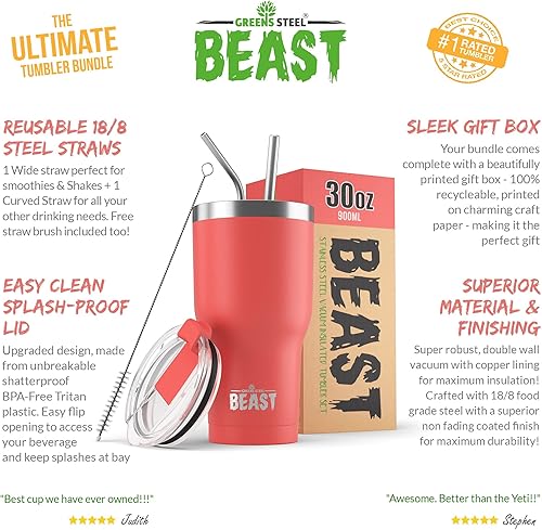 Miniatura 2 de BEAST - Juego de vasos de coral de 30 onzas con asa, taza de café de acero inoxidable + 2 cepillos para pajillas, caja de regalo y mango negro