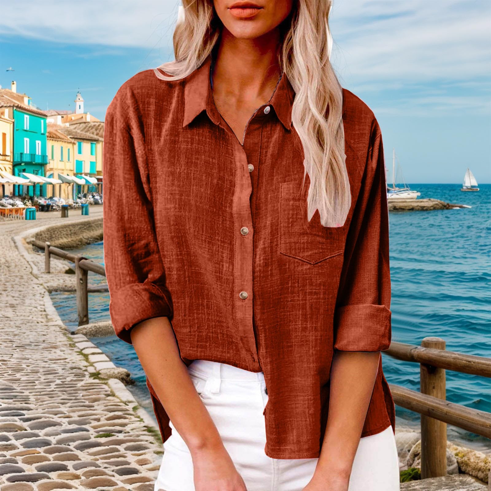 Camisas de lino de manga larga para mujer 2026 a la moda, con abertura lateral, verano, con botones, de gasa, de algodón, con solapa, casual, túnicas de muselina, cuello novio, playa, color sólido