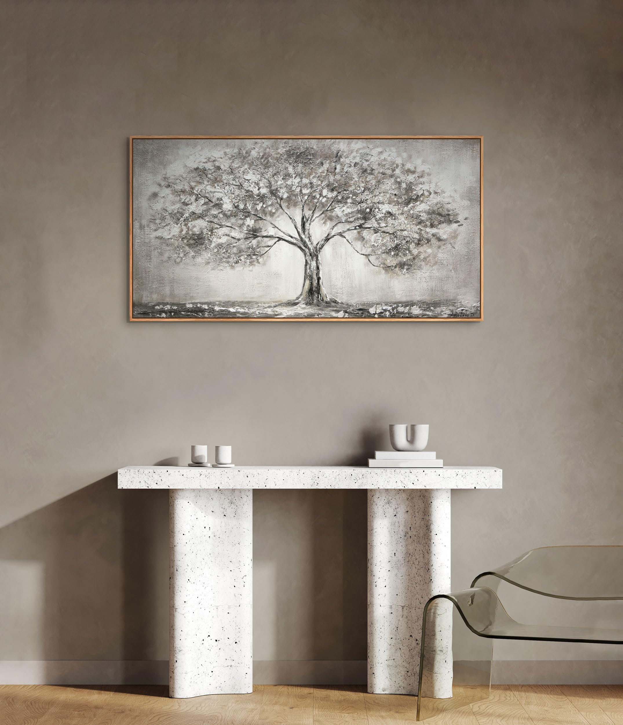 YS-Art Acryl Gemälde auf Leinwand handgemalt Lebensbaum Abstrakte Kunst Bilder Wohnzimmer Wandbilder modern mit grau Farben Grauen Farben mit Rahmen 100x50 cm