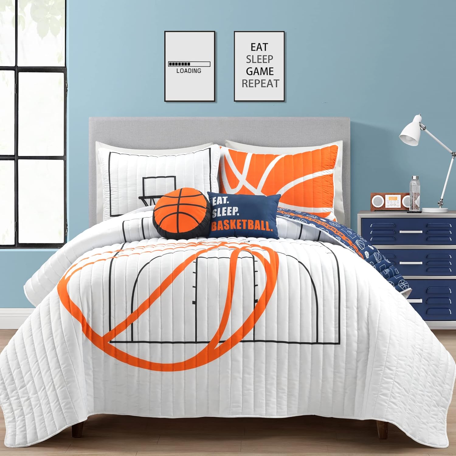 Lush Decor Basketball Game Reversible Oversized 5 Piece Quilt Set, Full/Queen, White & Navy