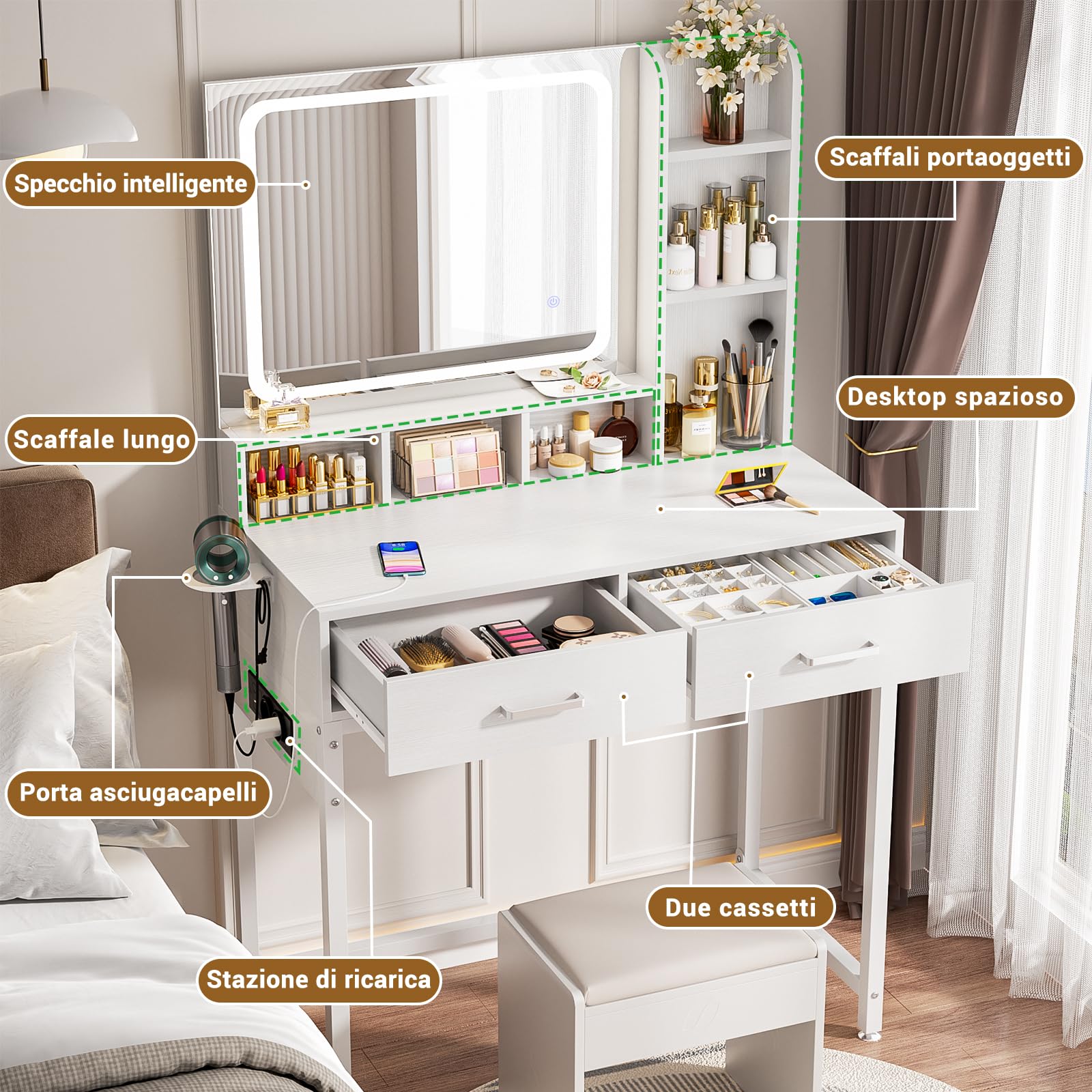 iSunirm Moderno Toeletta da Trucco con Specchio e Luce LED,Toeletta con 2 Cassetti e 1 Scaffali,Tavolo da Toeletta con Presa Elettrica,Adatto per Camera da Letto e Soggiorno,Bianco