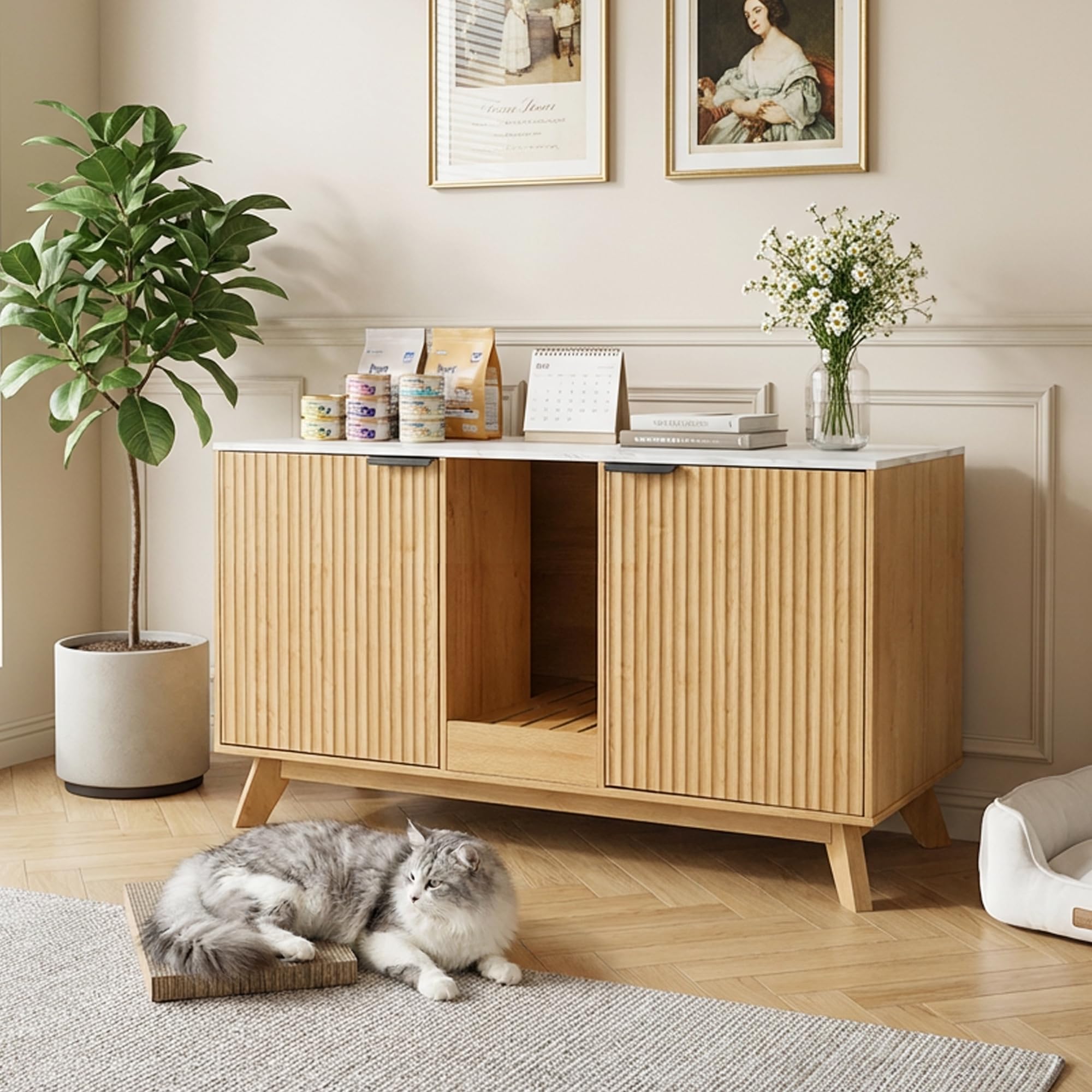 Double Cat Litter Box Enclosure for 2 Cats,Fluted Hidden Litter Box Furniture with Litter Collector &amp; Scratch Pad,47" Large Enclosed Cat Cabinet,Cat House,for Living Room,Natural with Marble Top