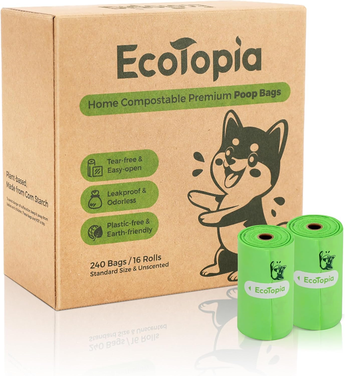 Tear-Free Biodegradable Dog Poop Bags, 240 Compostable Pet Waste Bags Rolls, Plant-Based & Plastic-Free, Extra Thick Leakproof, Unscented, ASTM D6400 & EN 13432 Compliant,Light Green