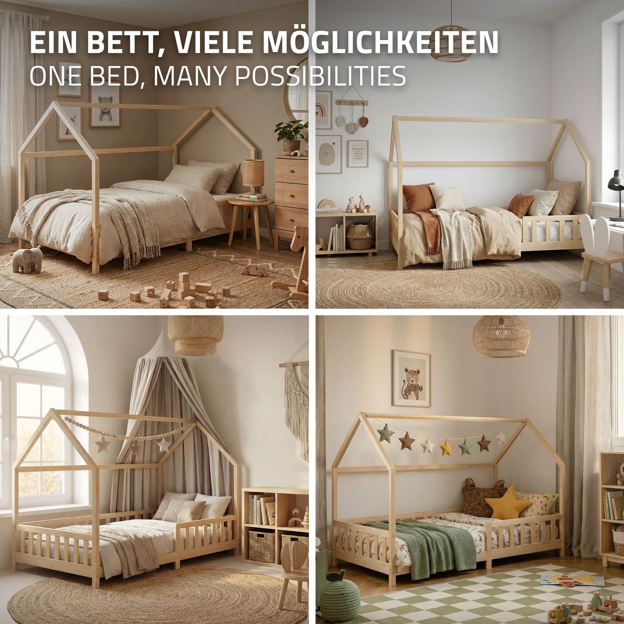 ML-Design Letto a Casetta per Bambini 120x200 cm con Protezione Anticaduta, Tetto e Rete a Doghe, Naturale, Letto a Terra Montessori in Legno Massello di Pino, Letto Singolo per Cameretta