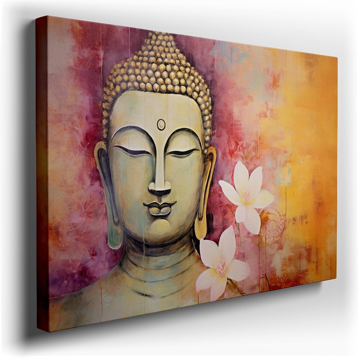 Canvas for Living room. Meditative Bliss: Serenity Captured in Buddha's Artistic Rendering with a Luminous Floral Touch, 27 x 18 inch Canvas Wall Art - Contemporary Masterpieces - Botanical Home Decor