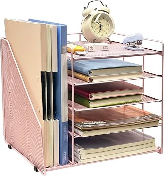 Desk Organiser with Office File Holder Accessories 5 Layers Document Tray Storage Compartments Stackable Mesh Letter Tray Desk Organiser Paper Tray Desk Shelf Pink